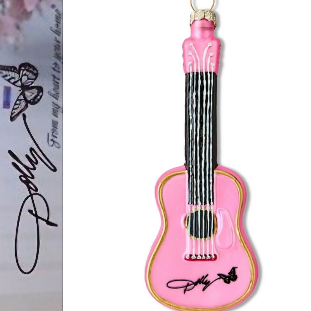 Dolly Parton Pink Guitar Glass Christmas Ornament